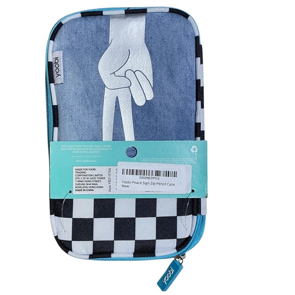 Yoobi Peace Sign Denim Checkerboard Organizer Pencil Case 7 Pocket Zip Around - Picture 6 of 15